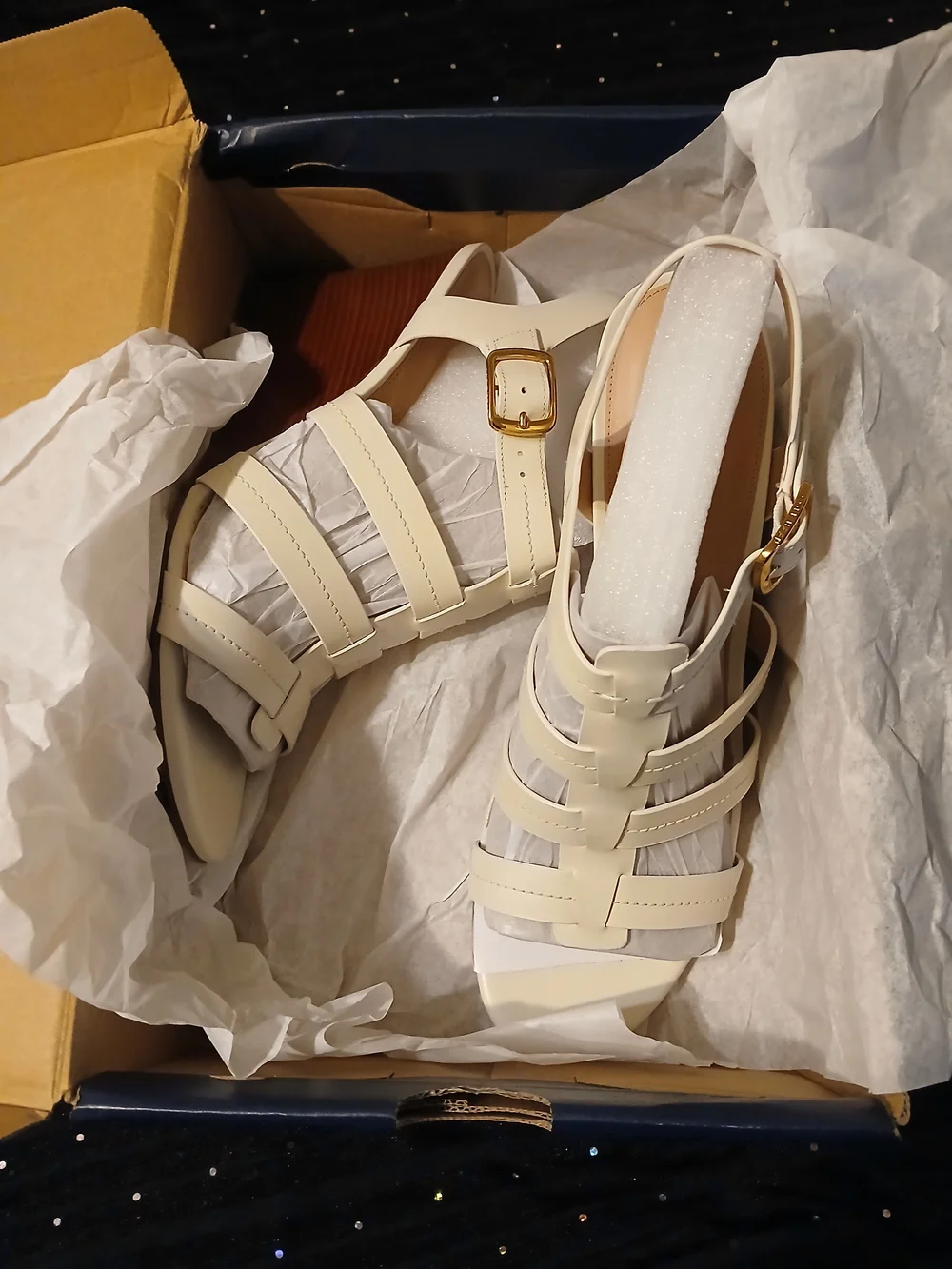 Cole Haan Cream Multi-Strap Wedge Sandals with Gold Buckle Accent